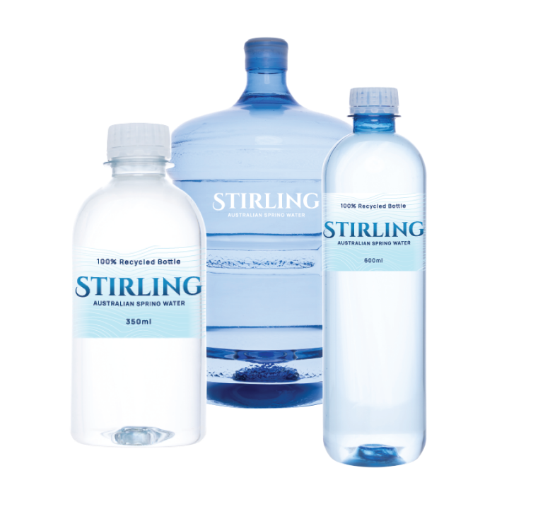 2 small recycled plastic bottled spring water and 1 15L recycled water bottles